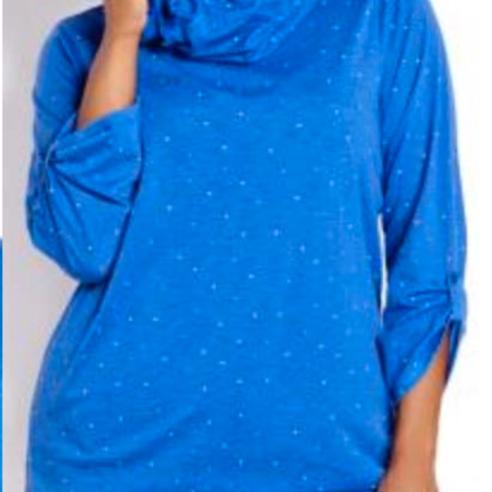 FUNNEL NECK TOP, BLUE WITH DOTS, SIZE 4X, DRAWSTRING NECK, SHIRT TAIL HEM, COTTO